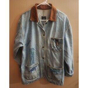 Vintage Adobe Designs Denim Jean Jacket Artsy Turtle Fish Rust Collared Size M